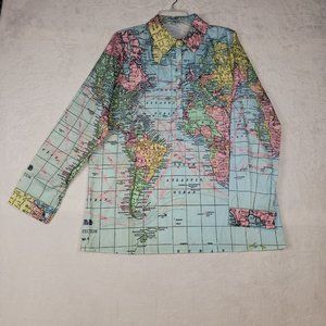 Top World Globe Casual Shirt Button Womens Long Sleeve XXL